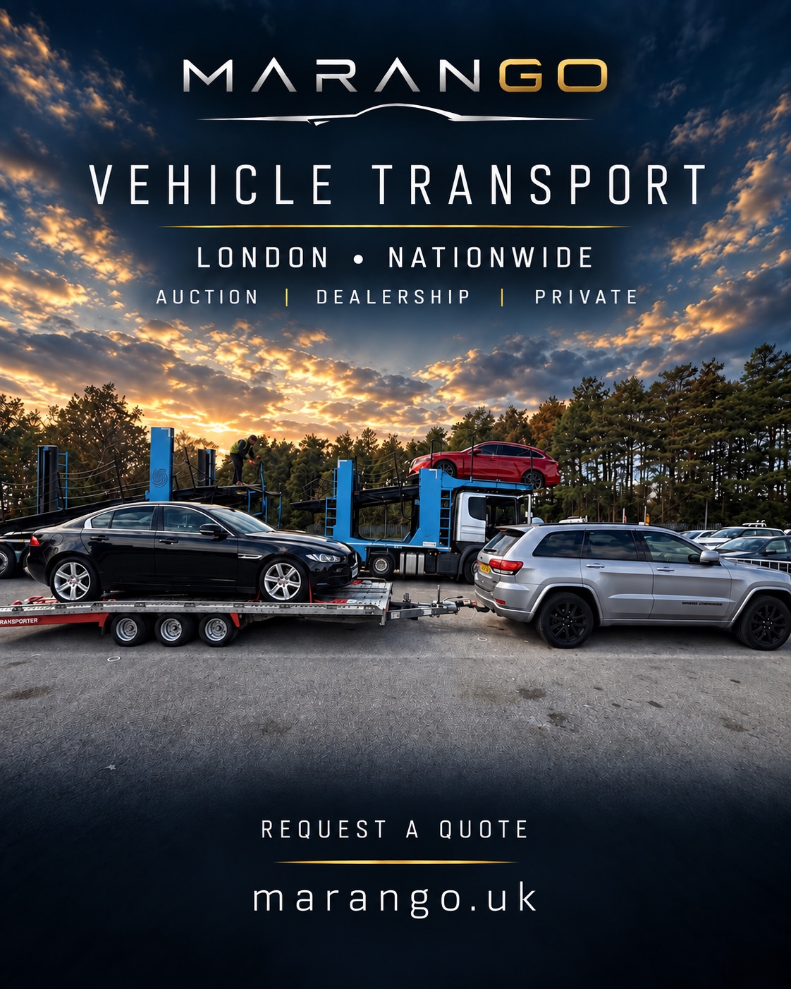 Black saloon on a vehicle trailer beside other car transporters