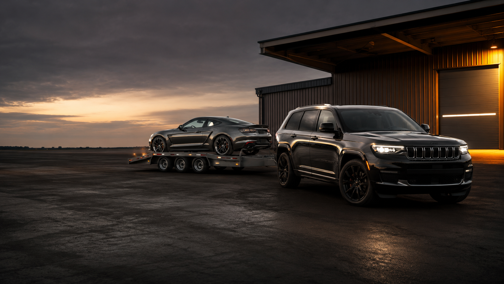 Illustration of a black SUV and car transporter at dusk